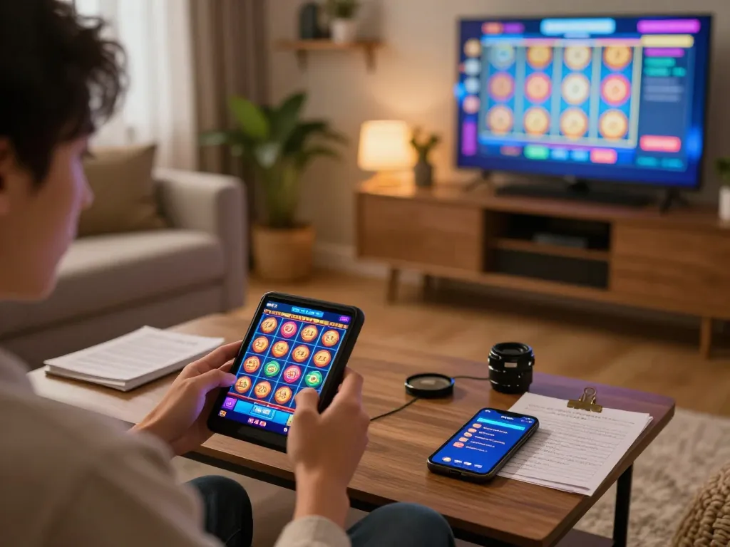 Engaging in link slot gameplay on a mobile app in a cozy home setting