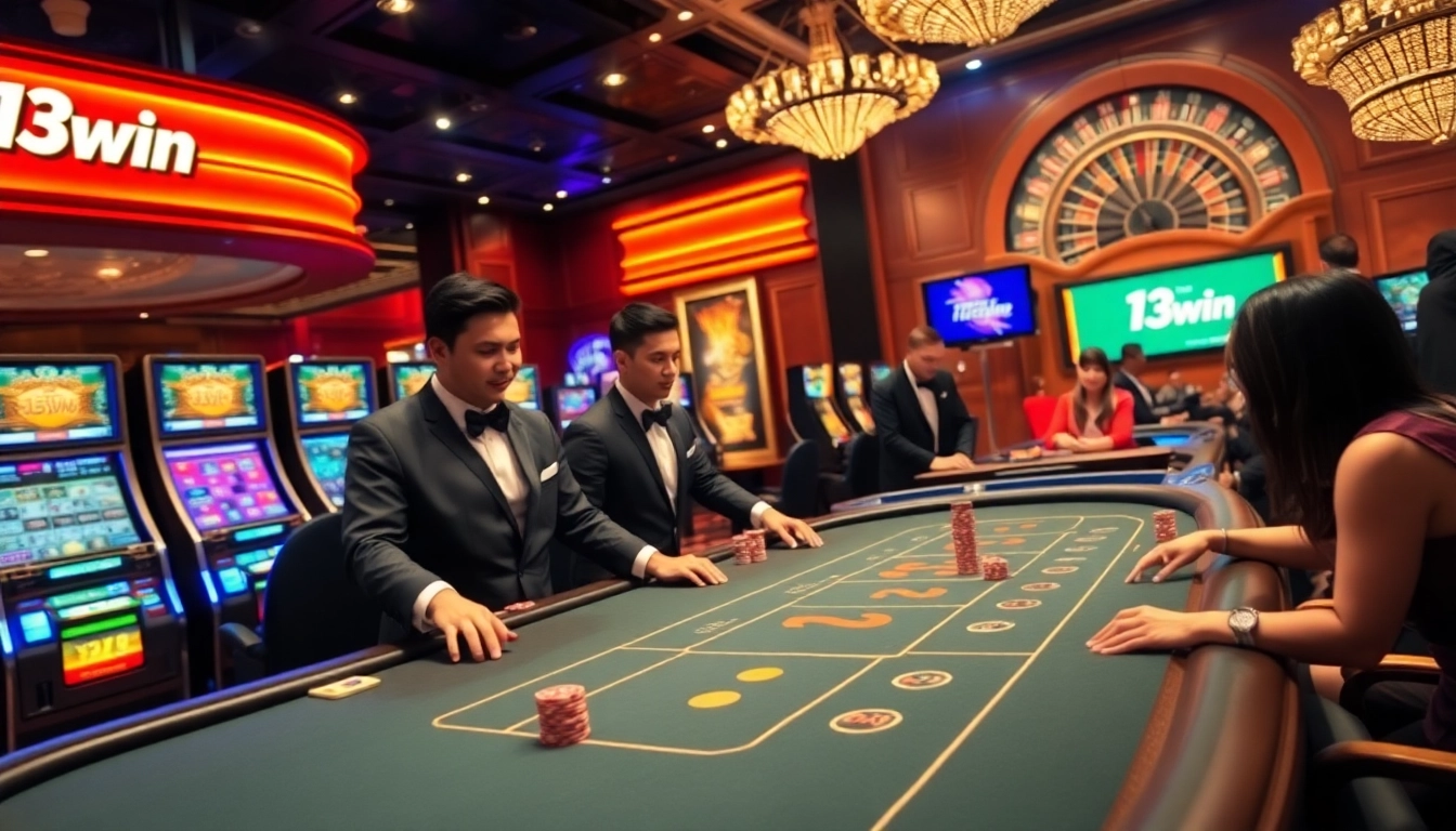 Excited players engaging at the 13win poker table in a luxurious casino environment.