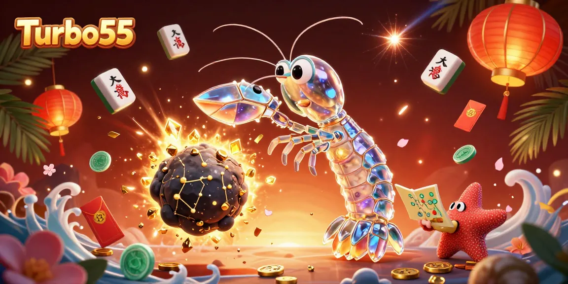 Experience Turbo55 with a galactic samurai mantis shrimp battling for gems and fortunes in a vibrant casino scene.