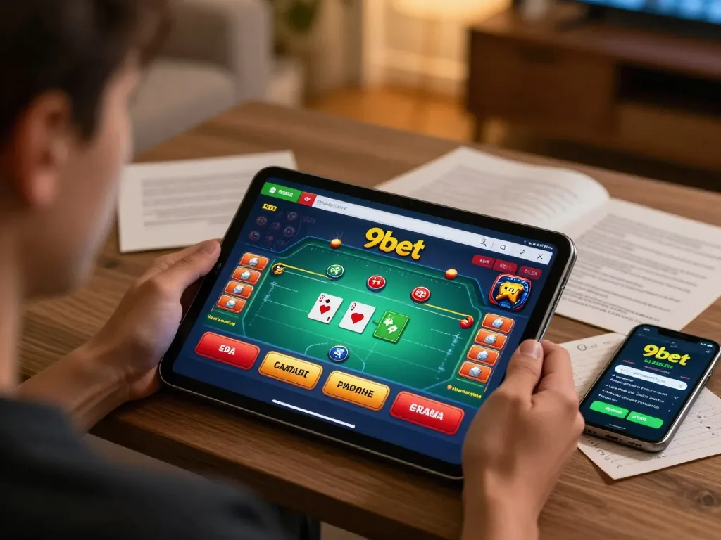 Engaging with 9bet online casino game on a tablet in a cozy home setting.