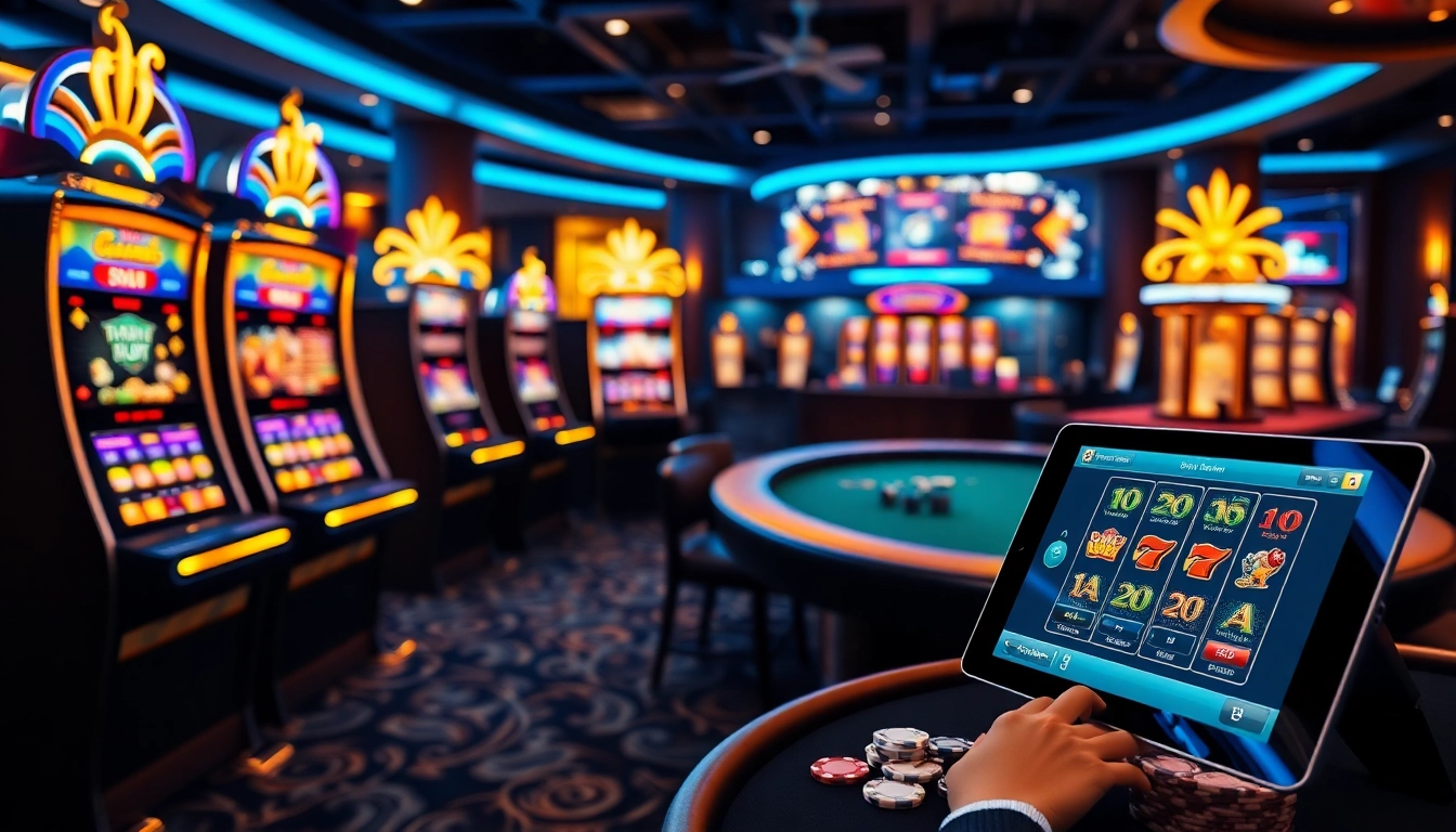 Action-packed Slot Online gaming environment with modern slot machines and digital devices.