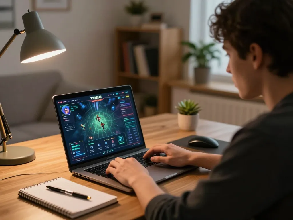 Engaging in tr88 game online with a laptop, showcasing focused gameplay and strategic notes.