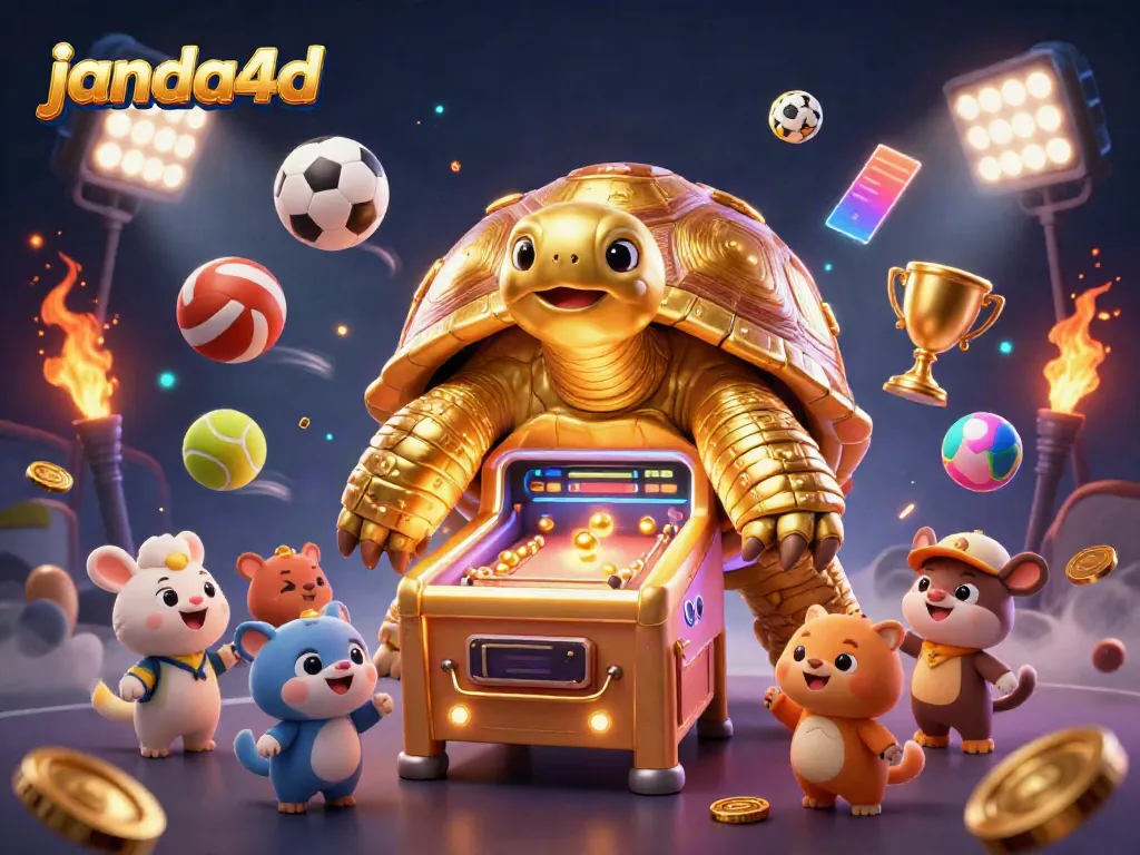 Permainan JANDA4D dengan kura-kura emas besar sebagai mesin pinball berfungsi dan bola olahraga terbang.