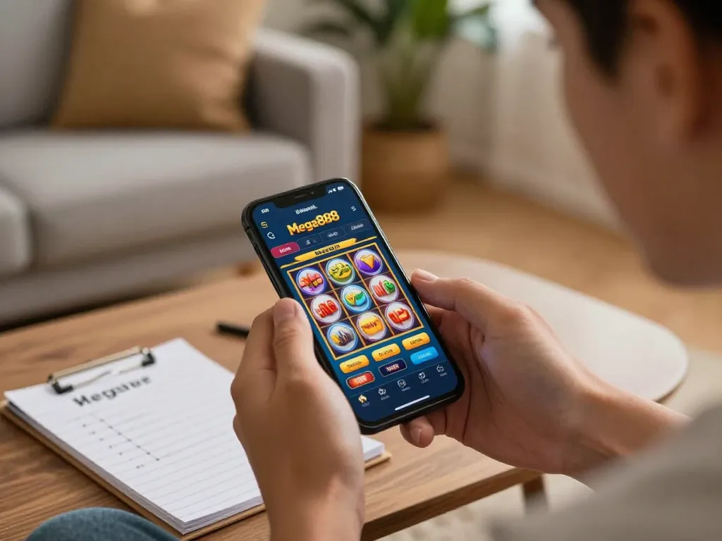 Mega888 official app interface shown on a smartphone, player enjoying mobile gaming experience