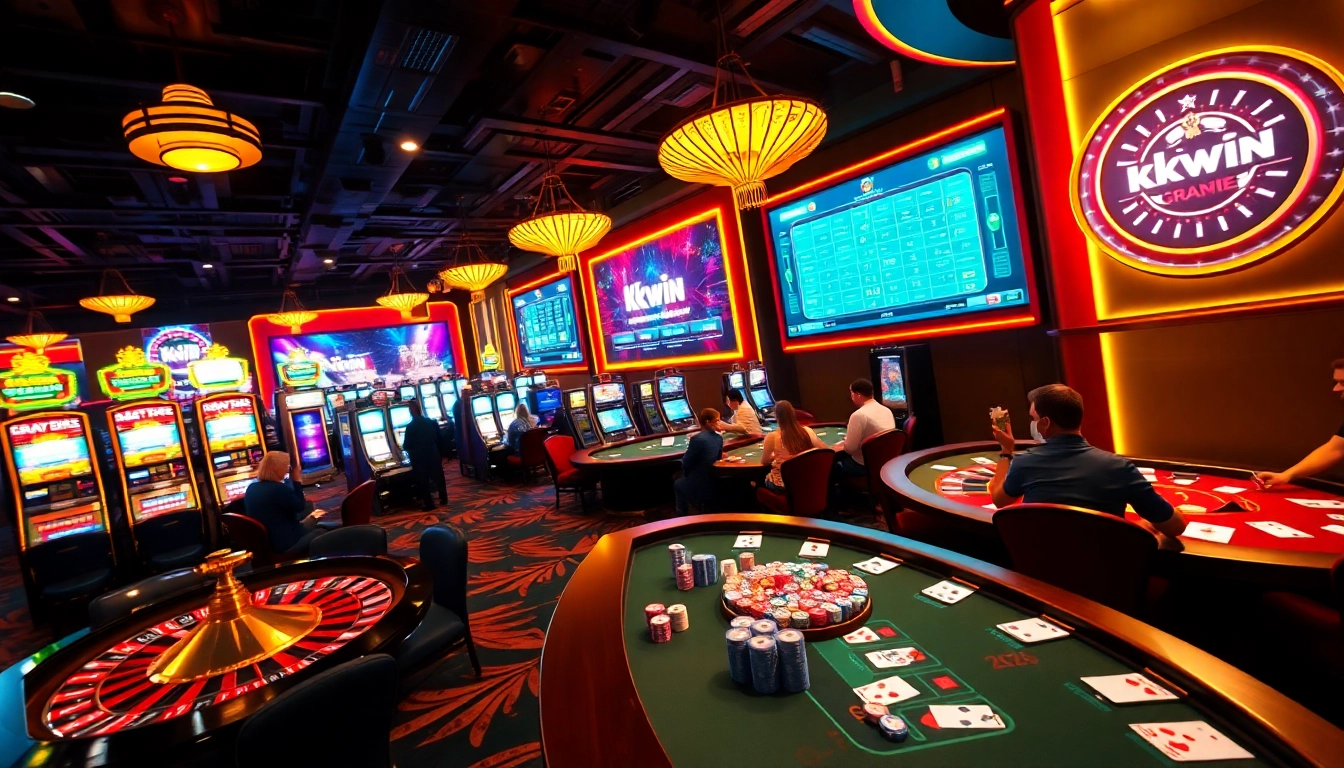 Players enjoying games at Kkwin's lively casino, featuring roulette, slots, and poker.
