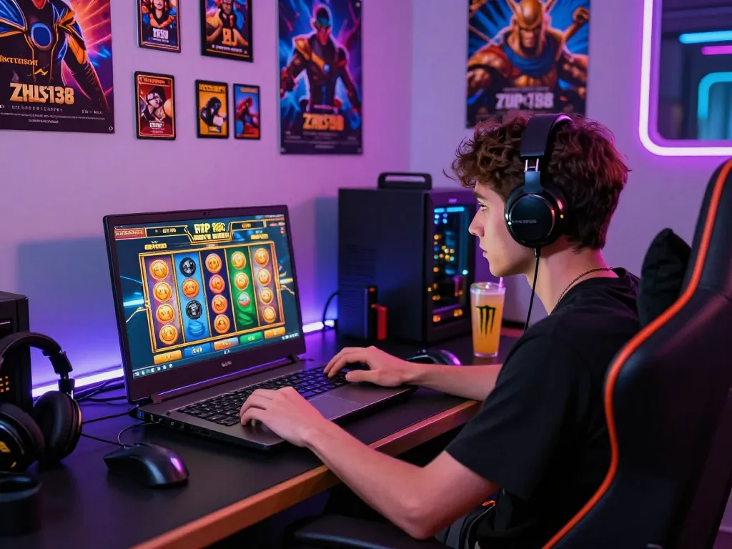 Engaged player experiencing thrilling slots on Zeus138 with vibrant colors and gaming accessories.