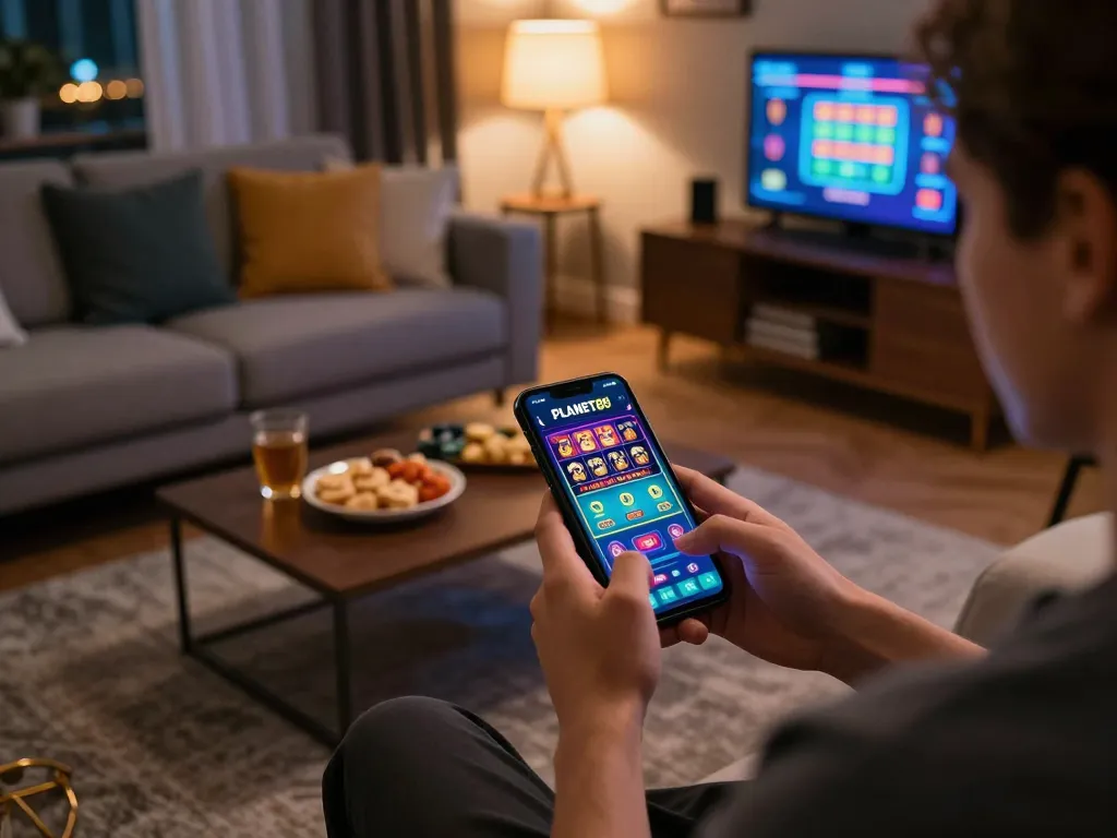 Engaging with the PLANET88 casino app on a smartphone in a cozy living room atmosphere.