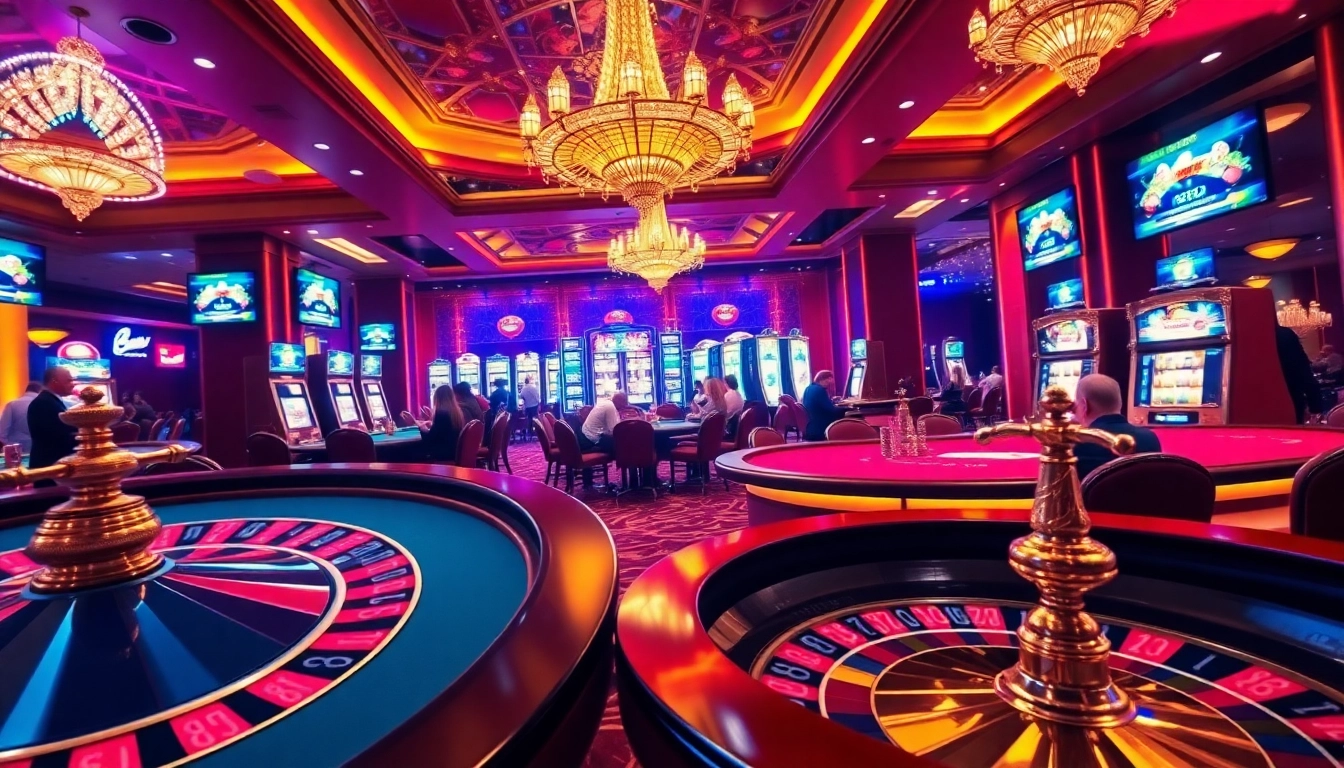 Rikvip players enjoying a thrilling casino experience with poker tables and vibrant slot machines.