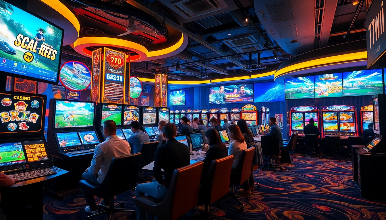 Engaging scene of players enjoying diverse games at 77win online casino, showcasing excitement and community.