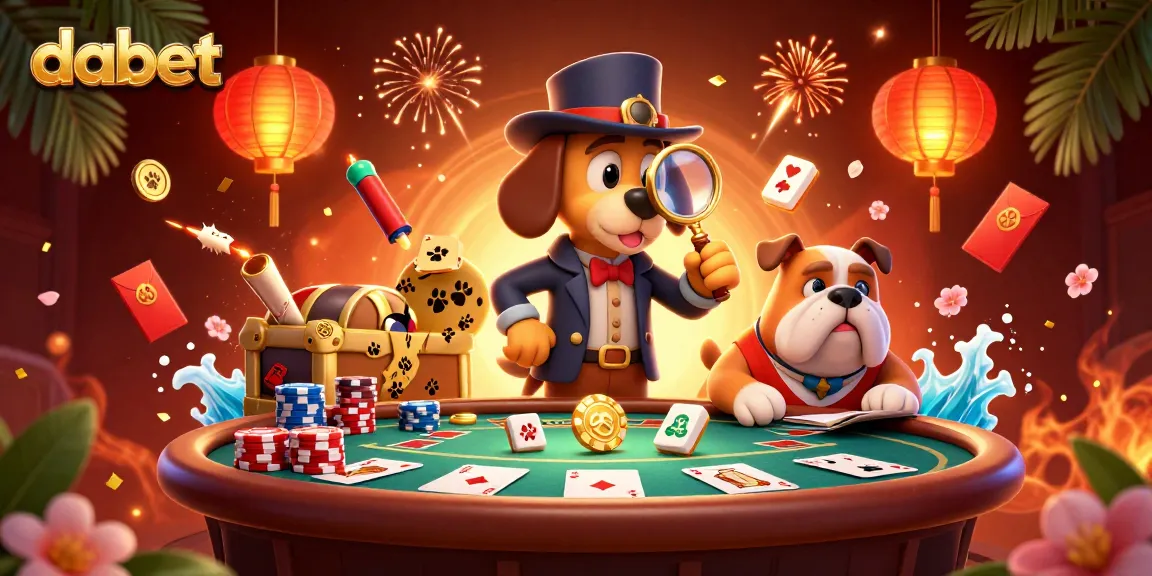 dabet's lively poker scene with a cartoon detective and his bulldog companion amidst vibrant casino elements.