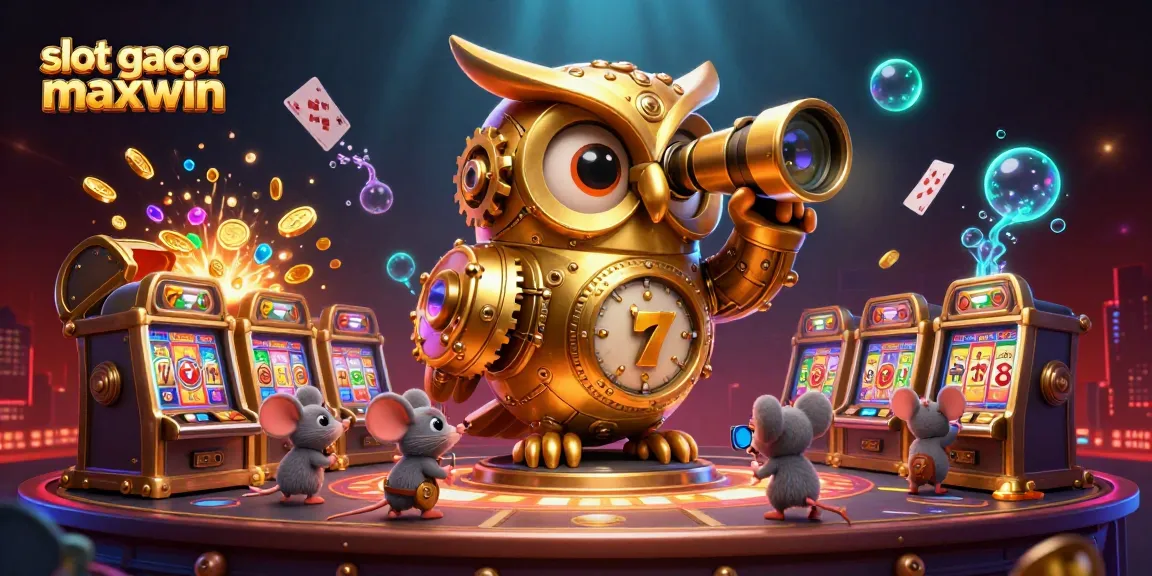 Engage with slot gacor maxwin through a vibrant 3D scene featuring a golden owl on a vault amidst dynamic casino elements.