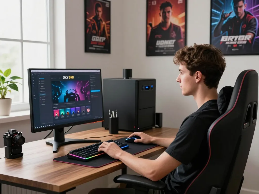 SKY88 gaming workspace with monitor and modern decor highlighting digital experience.