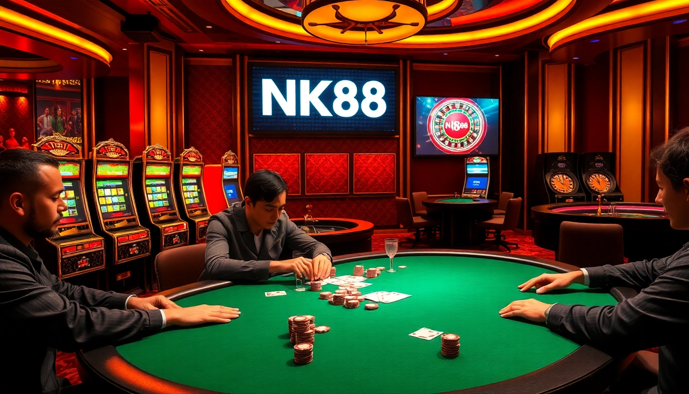 Players engaging at the NK88 poker table amidst a vibrant casino atmosphere.