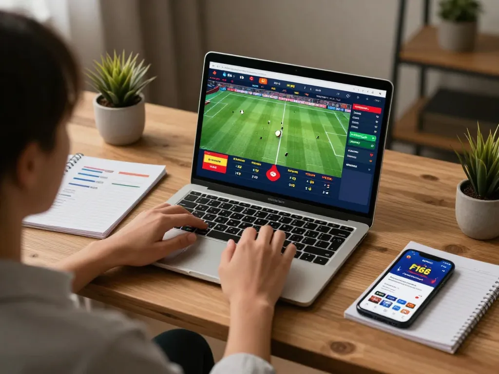 Engaging online sports betting experience with NHÀ CÁI F168 interface on laptop in a cozy home setting