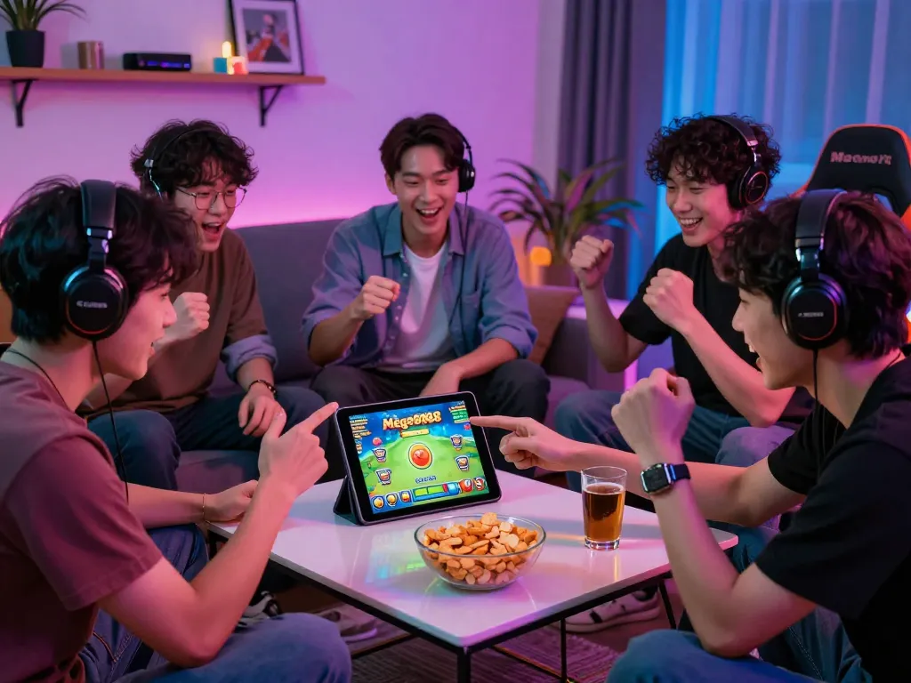 Engaged gamers enjoying the mega888 apk original download in a lively living room setting.