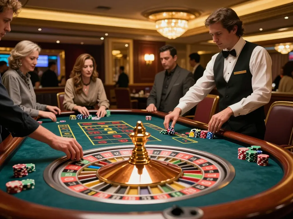 Exciting scene at the nhà cái BL555 roulette table with players placing bets and dealer spinning the wheel.