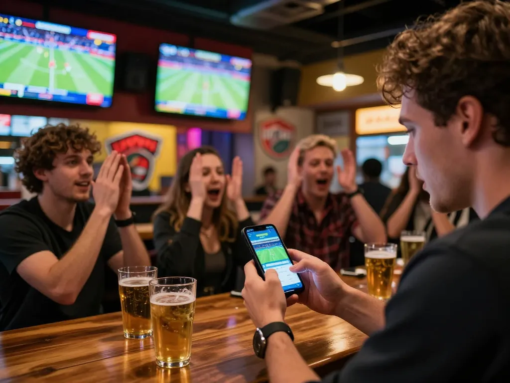 Exciting moment of using the 7meter Parlay app while celebrating a betting success in a sports bar.