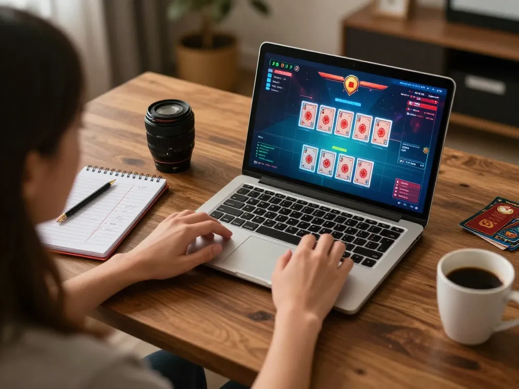 Engaged player using HM88 for an exciting baccarat game on a laptop at home.
