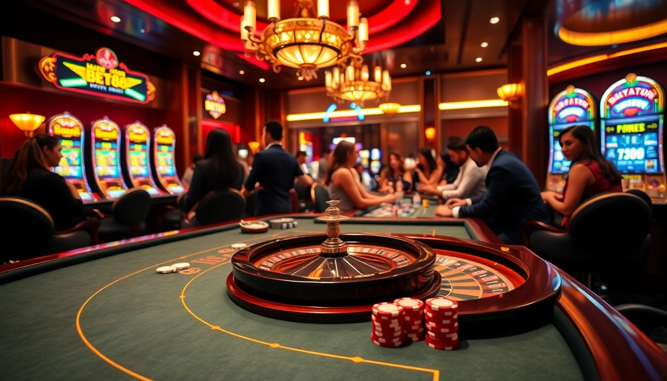 Engaging players at BET88 casino table amid vibrant slot machines and roulette excitement.