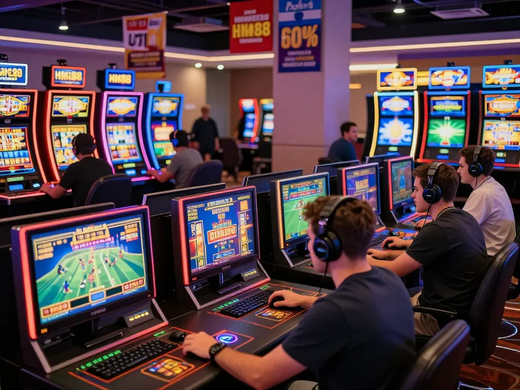 Engaging online gaming experience at HM88 nhà cái uy tín with diverse players enjoying various casino games, reflecting excitement and promotions.