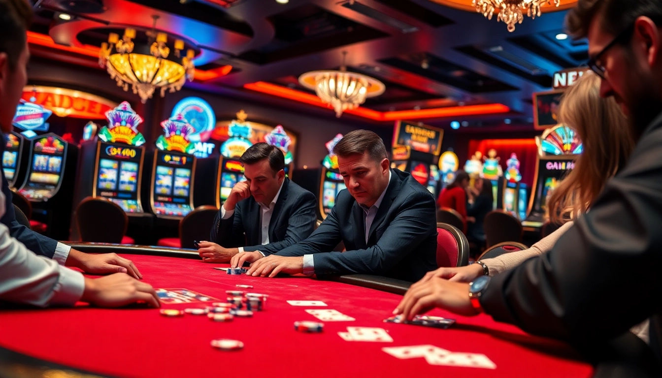 AT99 poker game in a luxurious casino, capturing the excitement and intensity of high-stakes play.