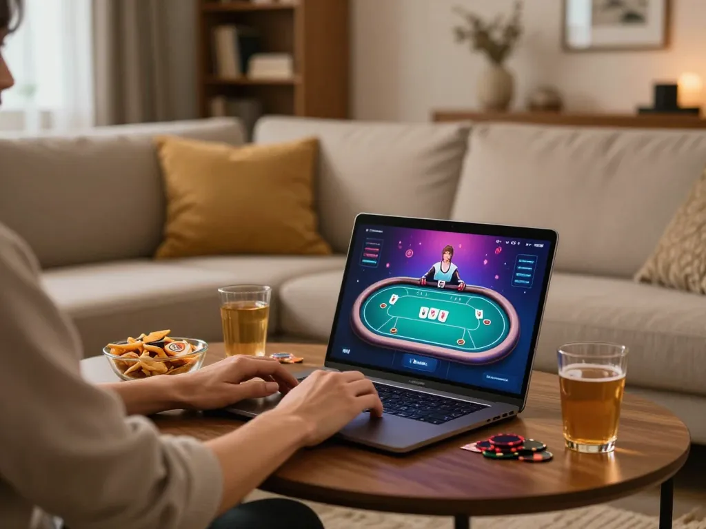 Player engaging in online poker at kuwinfi in a cozy home setting, highlighting interactive gameplay.
