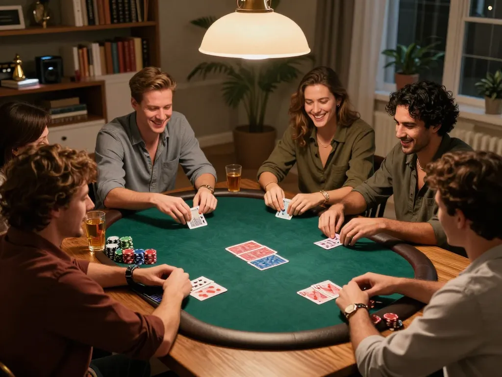 Engaging poker game scene highlighting players enjoying okking at home.
