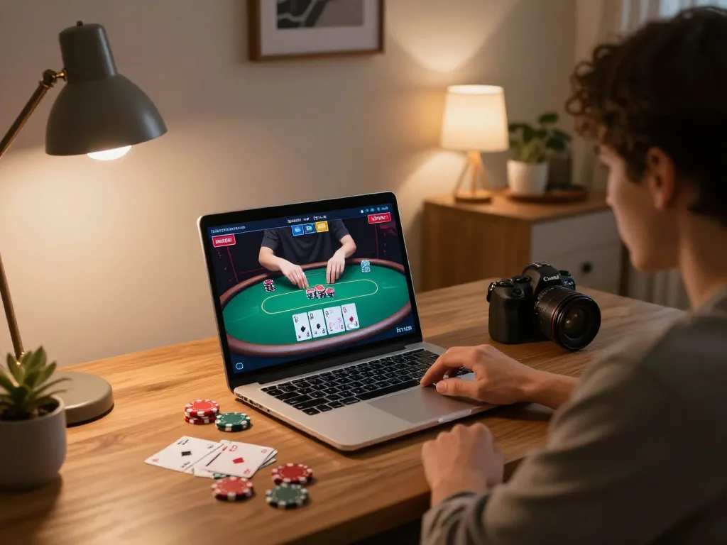 Player engaged in a poker game on f168.osaka, showcasing online gambling at home.