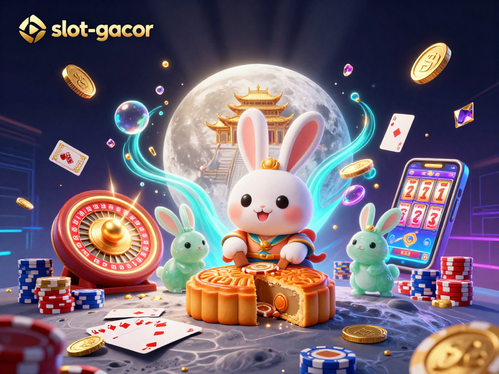 Engage in slot-gacor as the moon rabbit reveals poker chips from golden mooncakes.