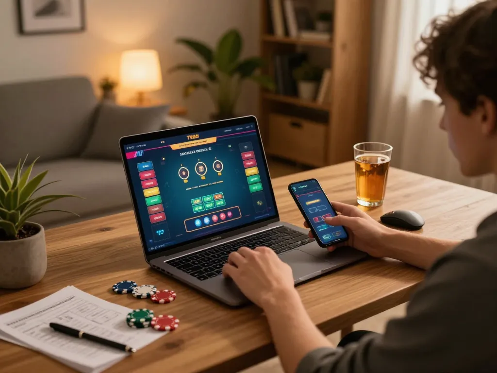 Player engaging on TR88 platform for online betting with strategic notes and drinks