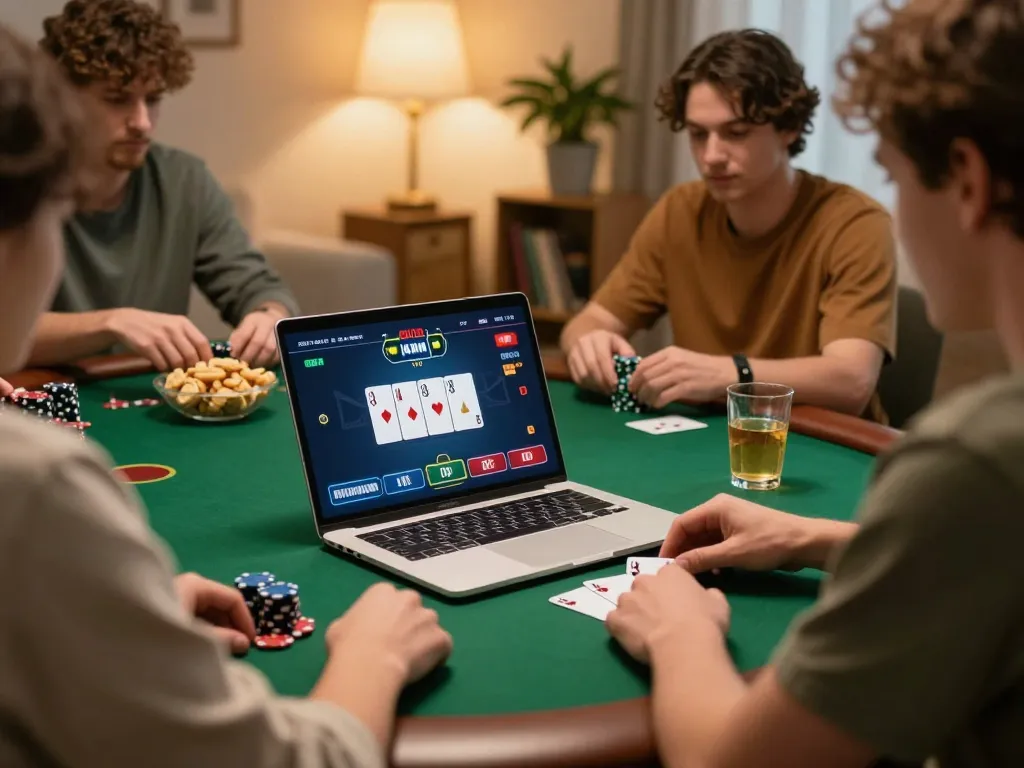 Pemain poker Dewi999 terlarut dalam permainan online dengan pengaturan rumah yang dipersonalisasi dan antarmuka laptop yang aktif.