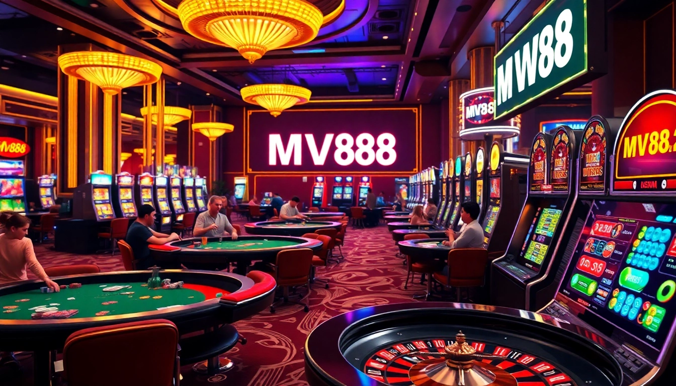 Excited players celebrate winnings at MV88 casino with vibrant poker tables and slot machines.