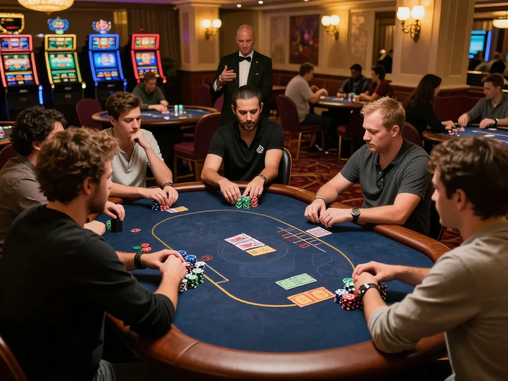 Luck88 players engaging in a poker game strategy surrounded by luxurious casino decor