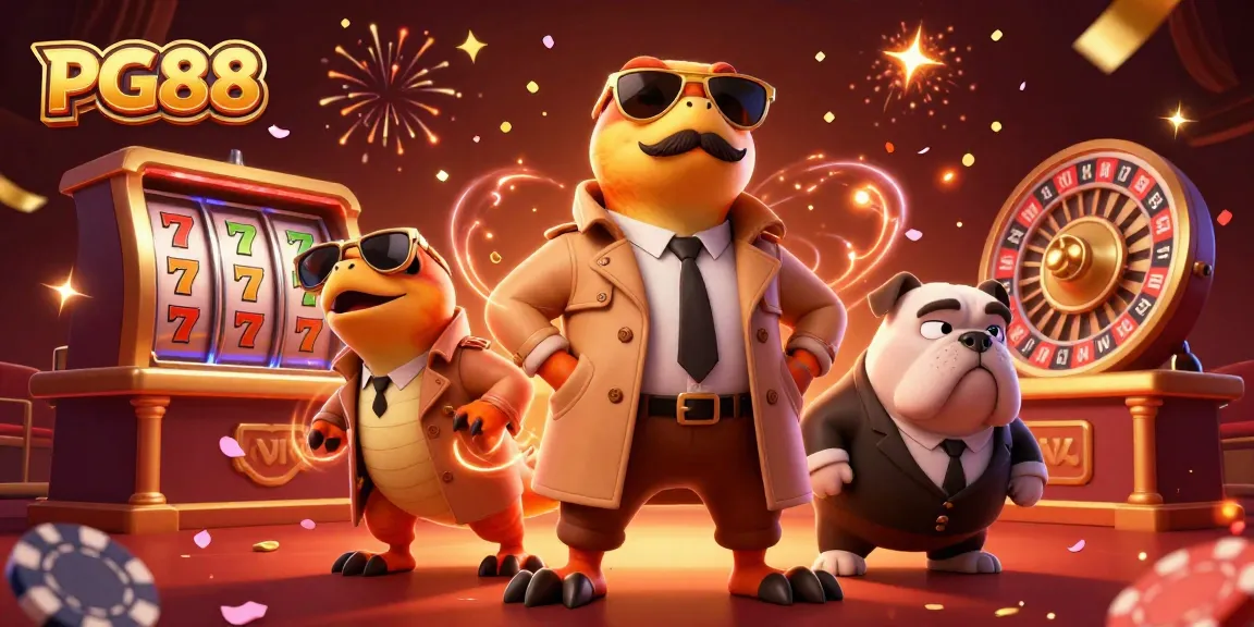 Engage with PG88's vibrant casino world featuring raptors in a trench coat entering a VIP lounge.