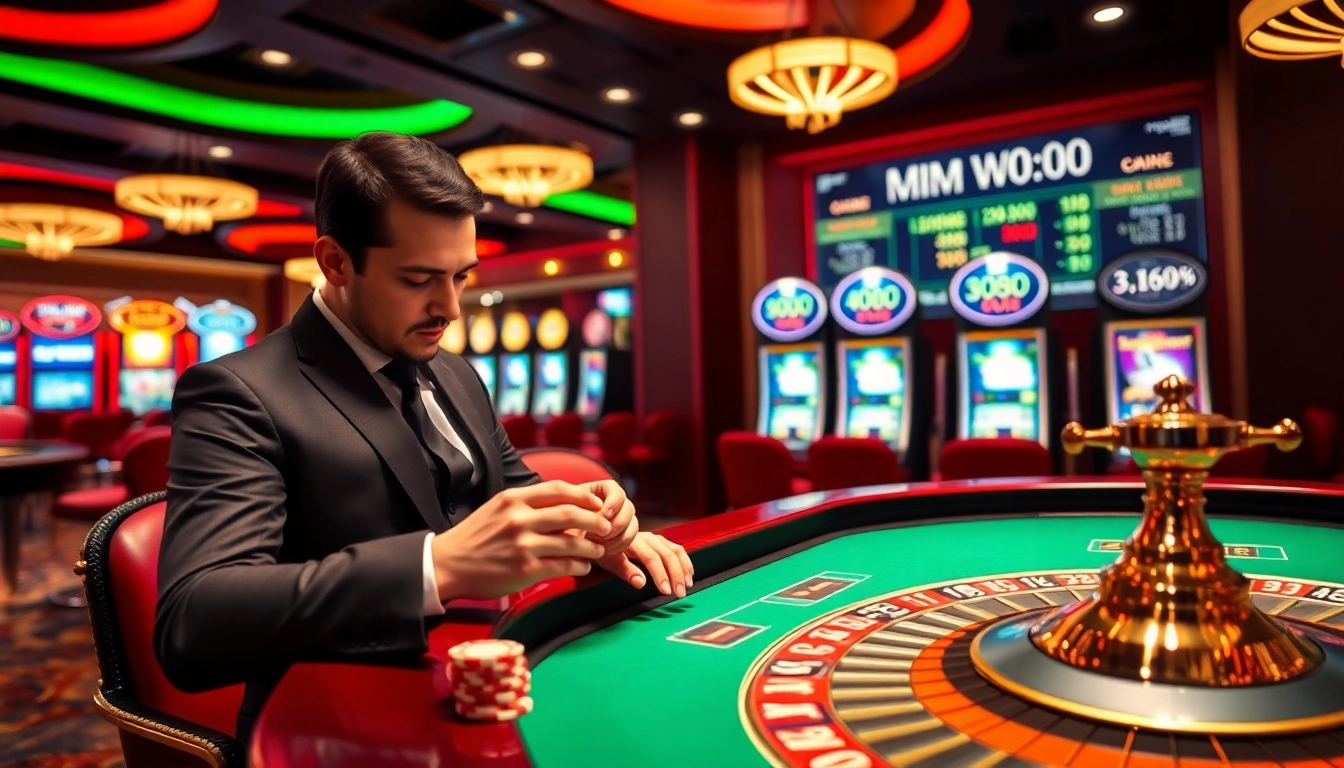 Experience the thrill of MM OO at a luxurious casino with roulette, poker chips, and vibrant slot machines.