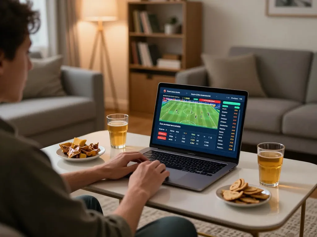 Tỷ lệ kèo nhà cái displayed on a laptop during an exciting online sports betting session at home.