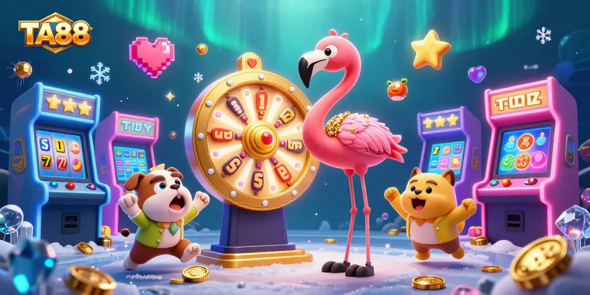 Engage with TA88 by spinning the giant prize wheel in a vibrant casino scene packed with excitement.