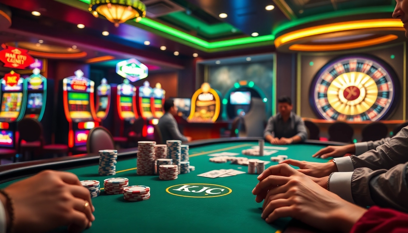 KJC casino scene with players at a poker table, showcasing luxury and excitement.