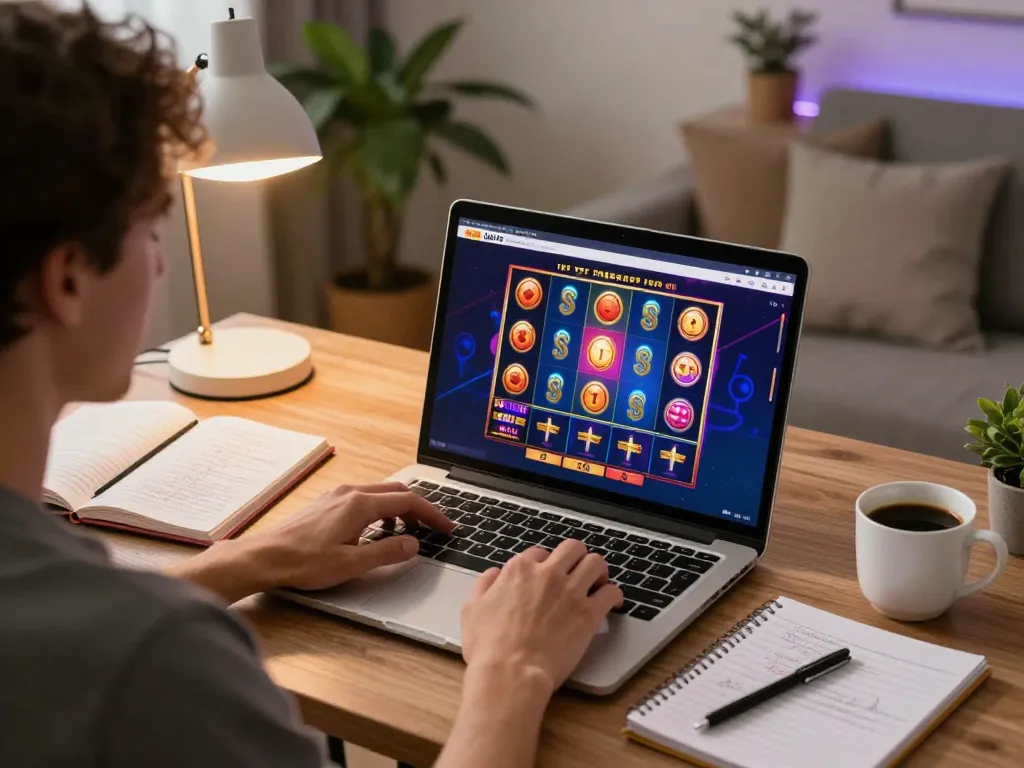 Engaging online session at jus77 with strategic betting notes and colorful slot games on display.