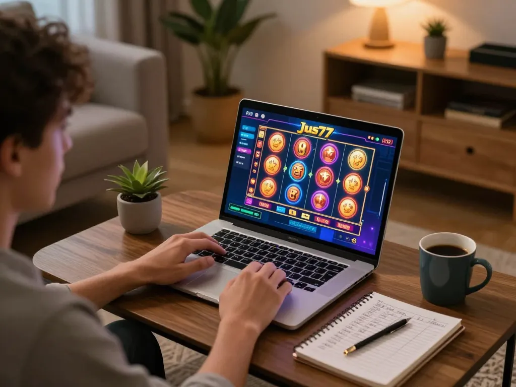 Pemain menikmati momen strategis dengan permainan daring jus77, laptop menampilkan aksi slot yang mendebarkan