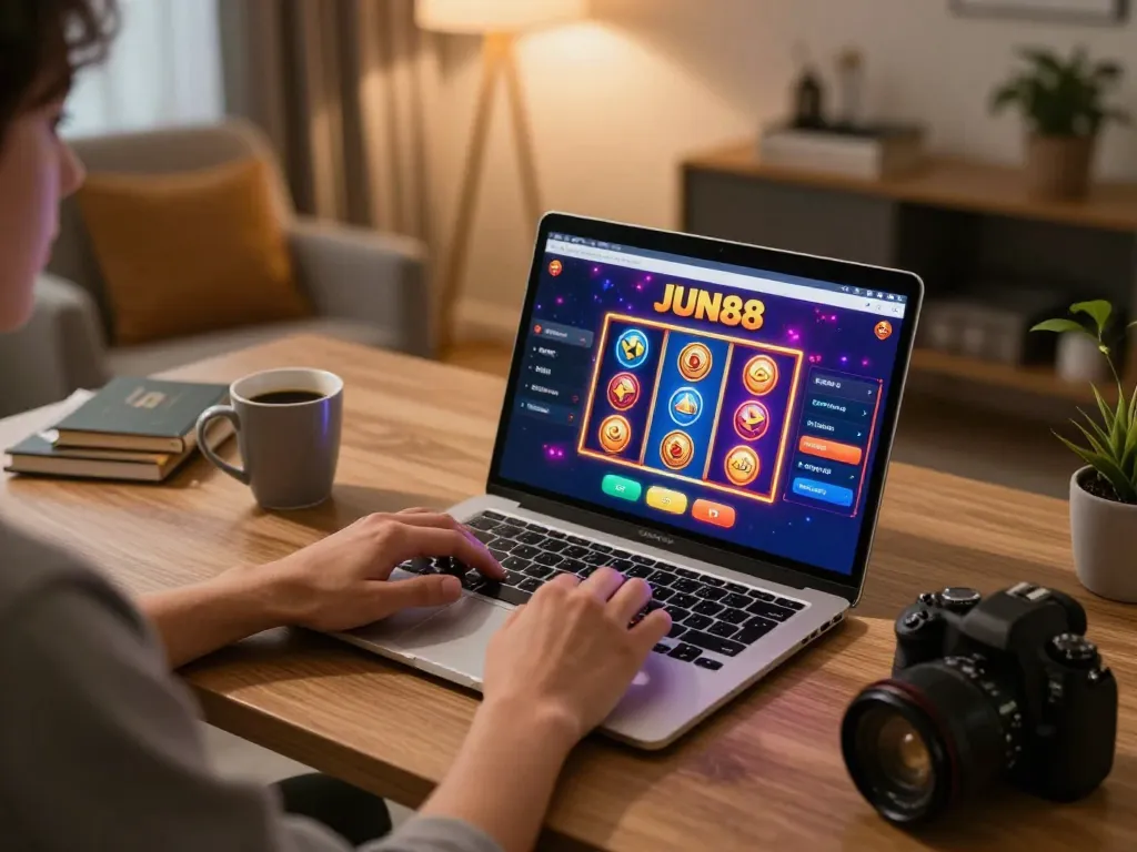 Player spinning digital slots on JUN88 in a cozy home office environment, focusing on strategic online gaming.