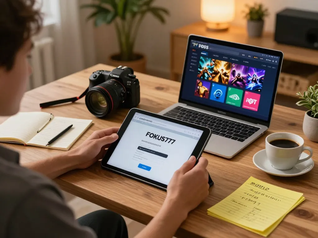 Engaging in online casino gaming using FOKUS777 login, showcasing colorful interface and strategic notes.