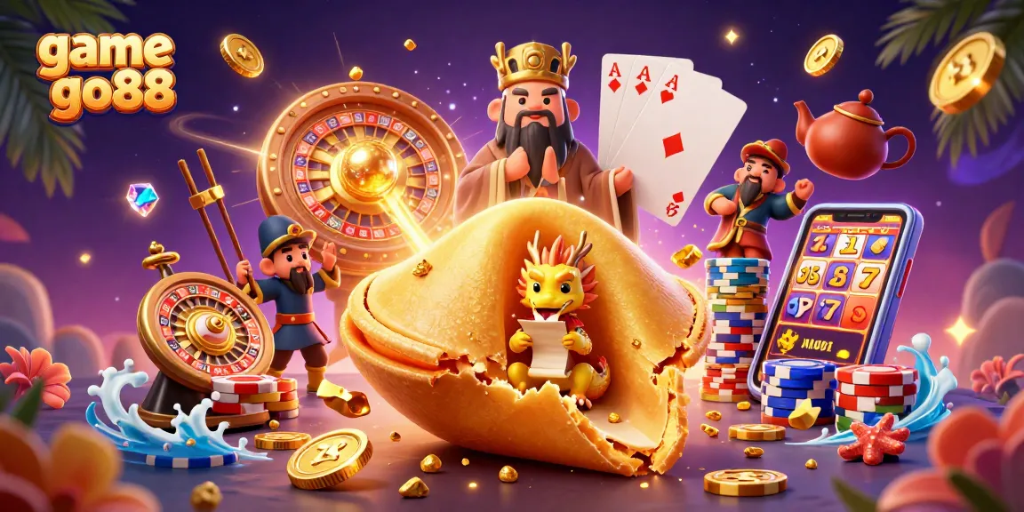 Spin the reels with game go88 featuring a captivating 3D golden fortune cookie and casino elements.