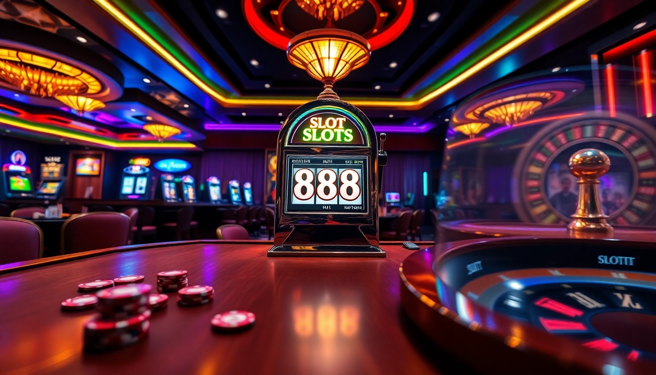 Pemandangan menarik yang menampilkan slot88 dengan cahaya cerah dan elemen kasino, menekankan kegembiraan dan kemenangan.