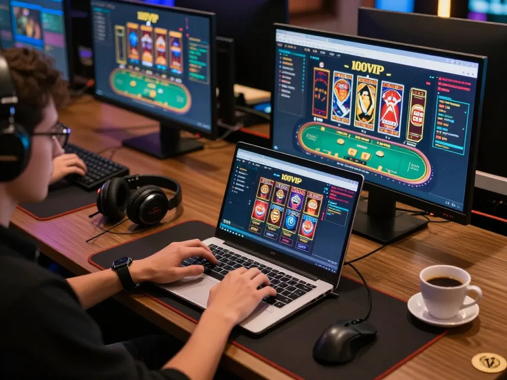 Player engaged with 100VIP online casino interface on laptop, showcasing a dynamic online gaming environment.