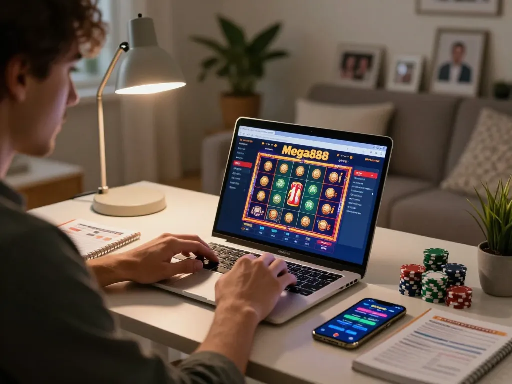 Engaging with mega888 online casino via laptop, showcasing vibrant slot games and strategic setup