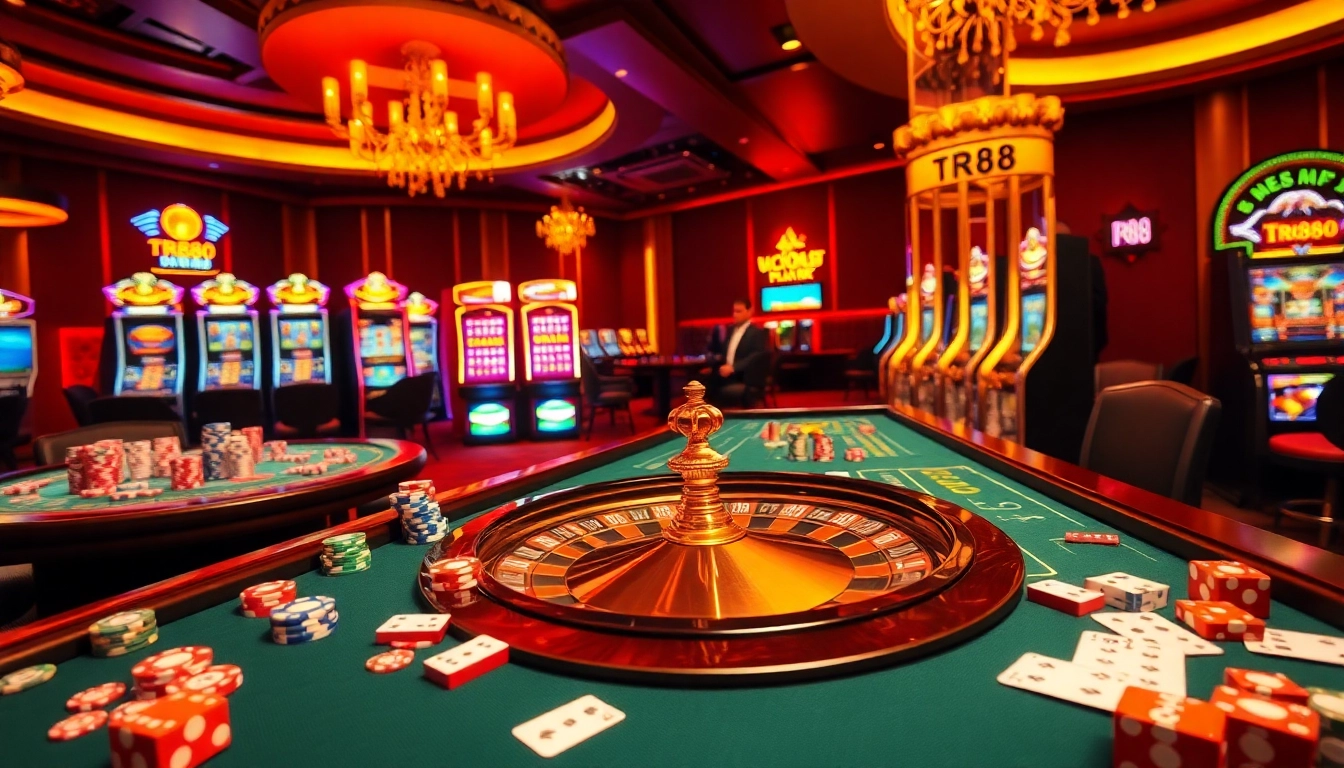 TR88 casino scene with exciting poker tables, colorful slots and an elegant roulette wheel