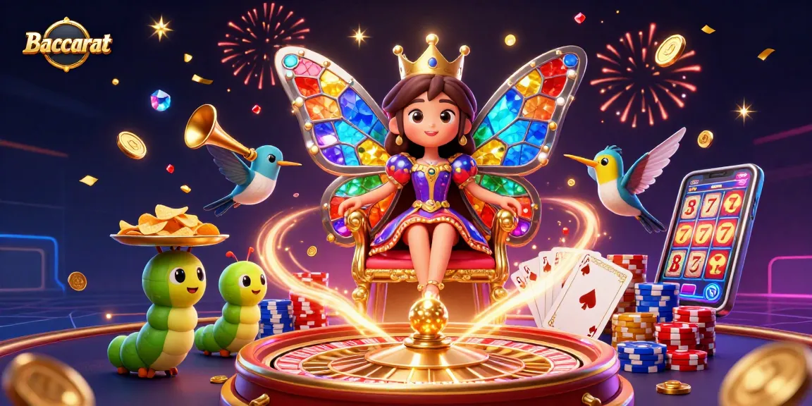 Engaging Baccarat scene with a vibrant butterfly queen and casino elements celebrating thrilling gameplay