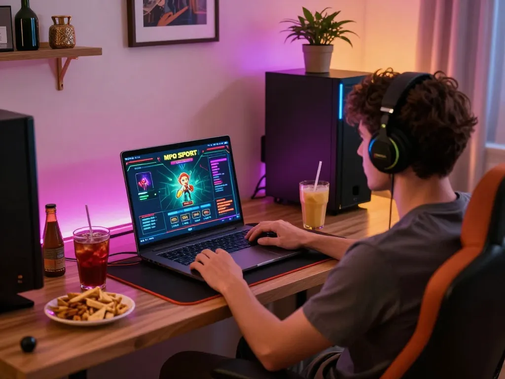 Engaging online gaming experience with mpo sport interface displayed on laptop, reflecting a cozy home atmosphere