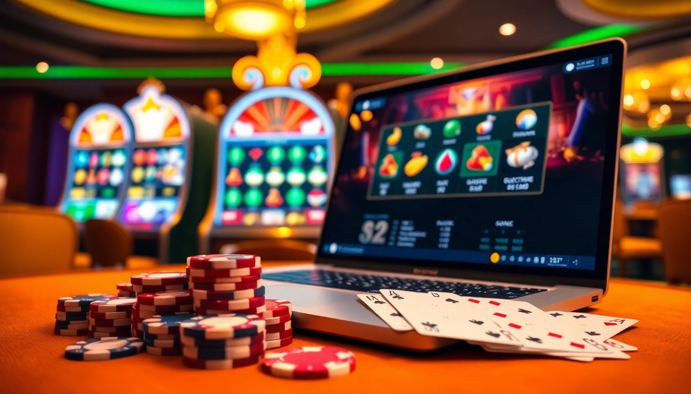 Engaging in online gaming at Wingslots77 Login with vibrant slot machines and elegant casino setups.